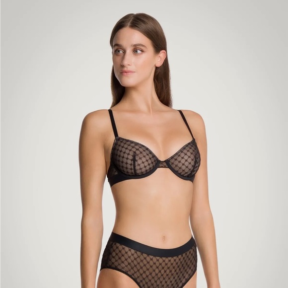 Wolford SHEER LOGO FULL CUP BRA Black Lace Demi Underwire Unlined Luxury 38B 85B - Picture 4 of 12